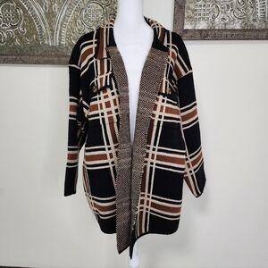 Kathy Ireland Cozy Black & Brown Plaid Thick Sweater Cardigan XXL Dark Academia